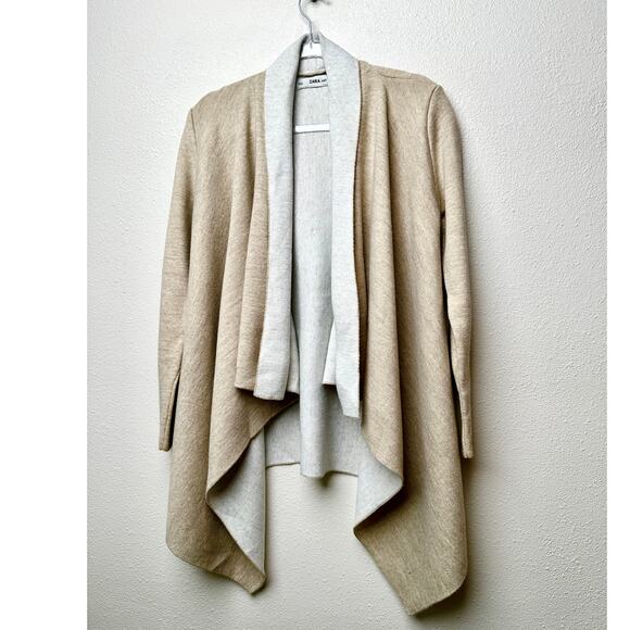 Zara Knit Two-Tone Waterfall Cardigan Sweater Tan/Cream Women M - Picture 3 of 11